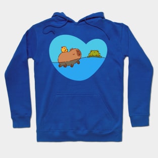 Capybara swimming with a bird and a frog Hoodie